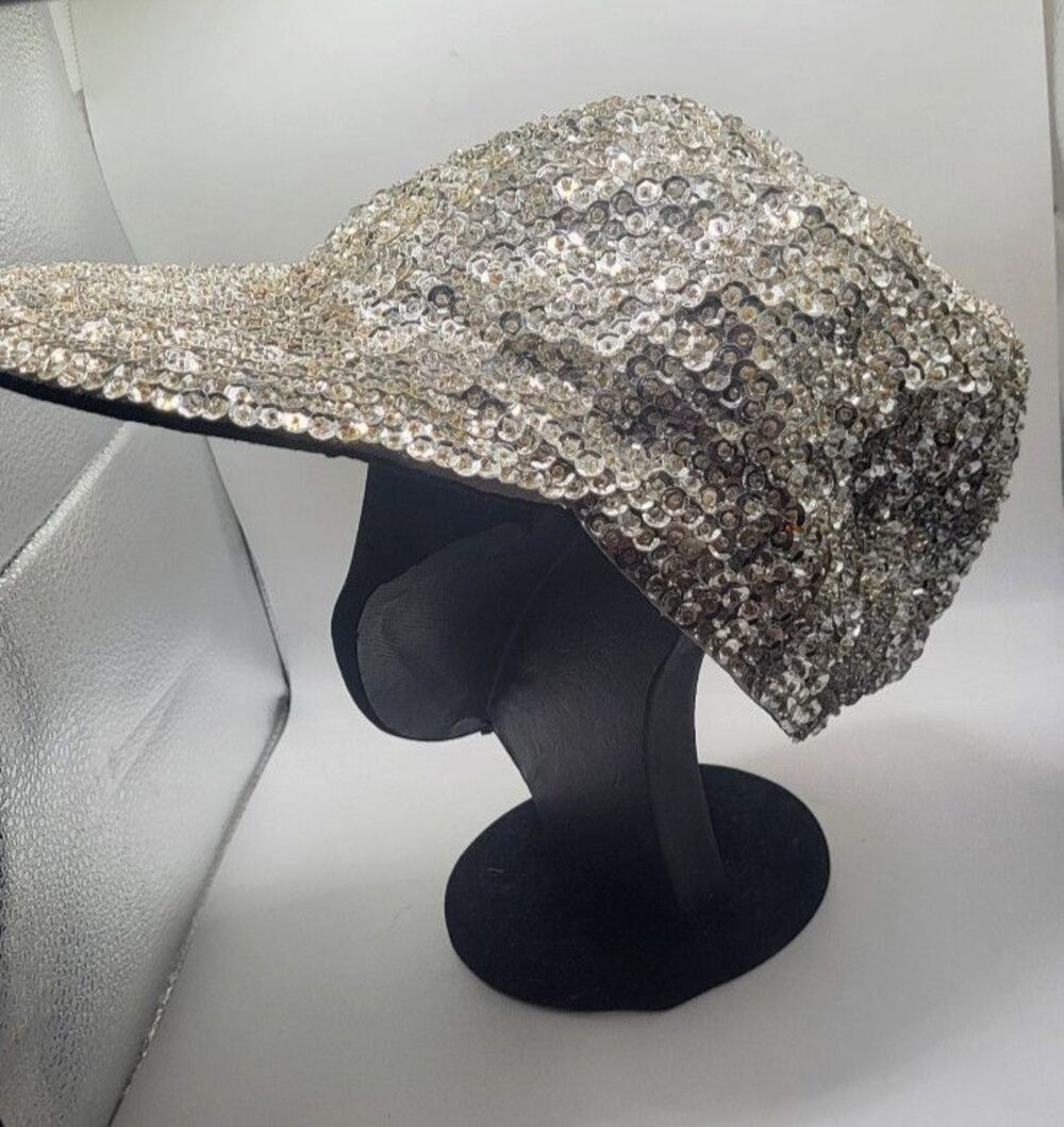 Estate Silver Sequin Baseball Cap 100% Cotton Hand Beaded